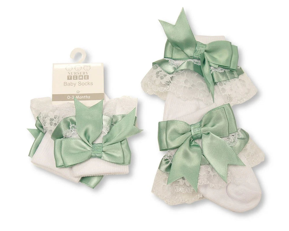 Sage Green Bow Lace Baby Socks